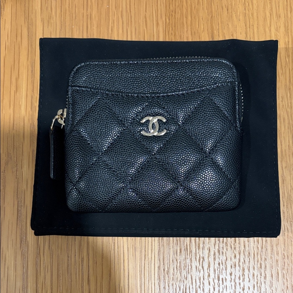 CHANEL Black Quilted Caviar Leather Zip Card Wallet